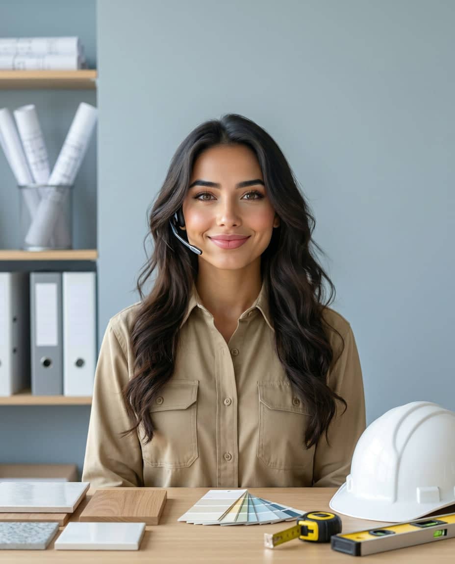 Maria, the virtual assistant behind Maria Sites, depicted at a contractor's front desk with a headset